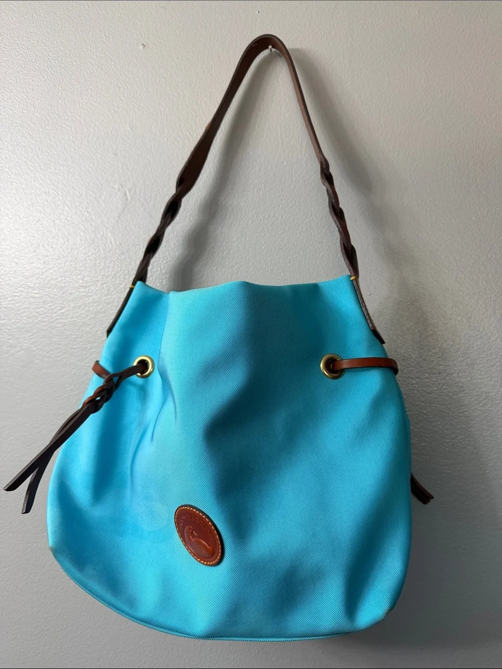 Dooney & Bourke Turquoise Canvas Hobo with Brown Leather Trim